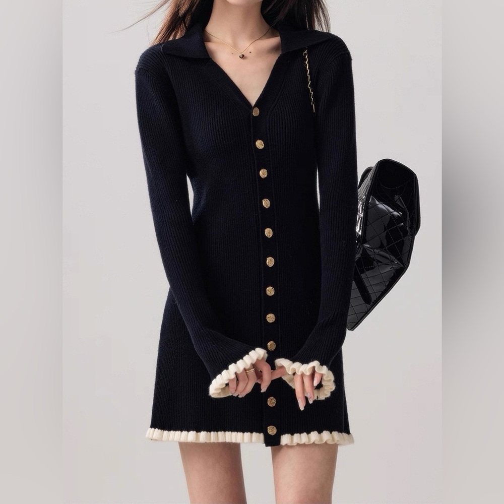 Elegant Black and Cream Women's Sweater Dress